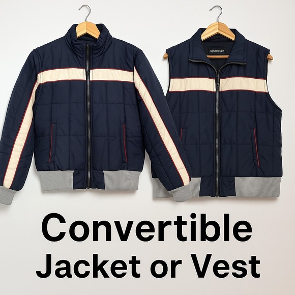 VTG Guy's Actionwear Detachable‎ Sleeve Puffer Jacket M 80s Retro Racing Stripe - Picture 1 of 13